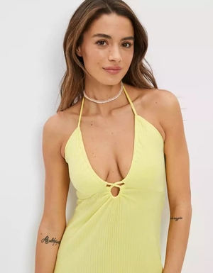 Robe Mi-longue American Eagle AE Knit Ruched-Front Jaune Femme | YNI-96290026